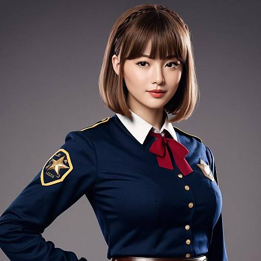 Photorealistic digital image of an Asian woman with straight brown bob hair, wearing a navy blue school uniform with gold buttons, red bowtie, and