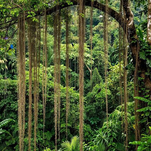 Photograph of a lush, green rainforest with long, hanging Spanish moss draping from a curved tree branch, surrounded by dense foliage and ferns