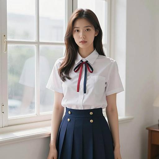 Young Asian Woman in School Uniform Standing by Window