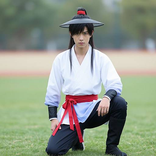 Photograph of a young Asian man in traditional martial arts attire, kneeling on green grass, wearing a white gi, red belt, black pants, and