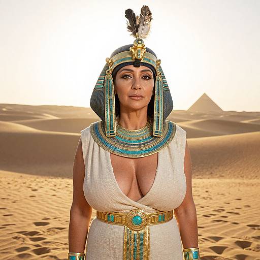 Photograph of a curvy, middle-aged woman with large breasts, wearing an Egyptian-style headdress and white dress, standing in a desert with py