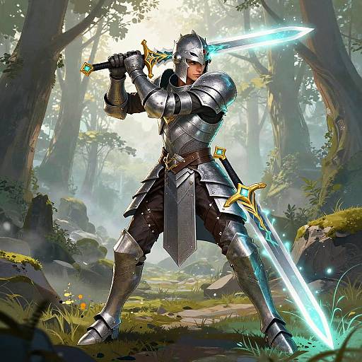 Digital artwork of a muscular knight in shining armor, wielding glowing blue swords, standing in a sunlit, mystical forest clearing.