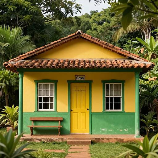 Photograph of a small, bright yellow and green house with a red-tiled roof, yellow door, green trim, and wooden bench, surrounded by