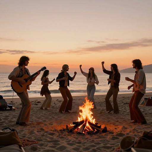 1970s Hippie Beach Campfire Scene