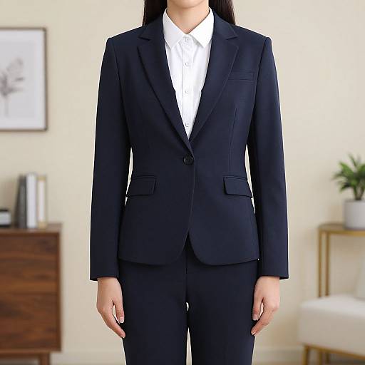 Photograph of an Asian woman in a black tailored suit with a white shirt, standing indoors, blurred modern living room background.