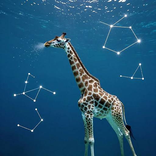 Photograph of a giraffe underwater with constellation lines superimposed, featuring blue water and sparkling light effects around the giraffe's head.