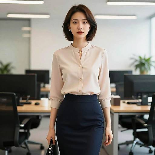 Photograph of an Asian woman with short black hair, wearing a white blouse and black pencil skirt, standing in a modern, brightly lit office with desks
