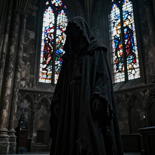 Photograph of a hooded, shadowy figure in a dark cloak standing in front of colorful, illuminated stained glass windows in a Gothic-style cathedral.