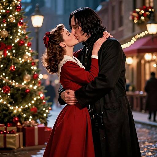 Photograph: Romantic couple kissing in a snowy, Christmas-lit street, she in vintage red dress, he in black coat, Christmas tree and lights