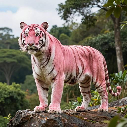 Photograph of a white Bengal tiger with pinkish fur and black stripes, standing on a rocky outcrop in a lush, green forest.