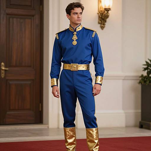 Photograph of a young man in a blue military-style uniform with gold accents, standing in an elegant, white-walled room.