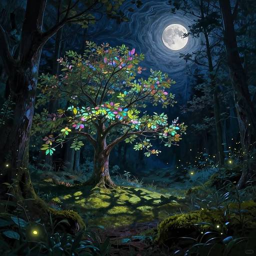Magical forest moonlit scene: glowing tree with multicolored leaves under swirling moon, surrounded by fireflies, and dark, shadowy trees.