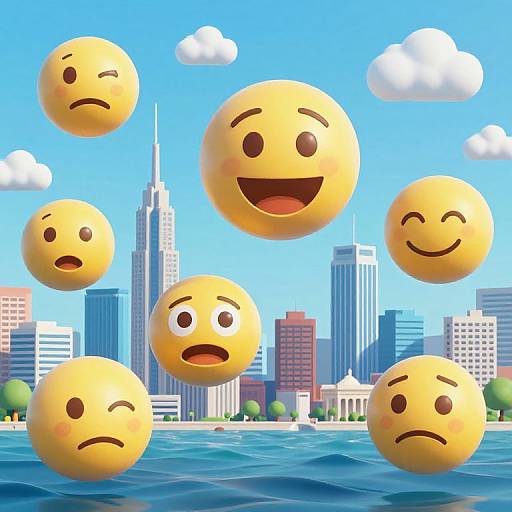CGI image of six floating yellow emoticon faces with various expressions (happy, sad, confused, etc.) above a city skyline and blue water.