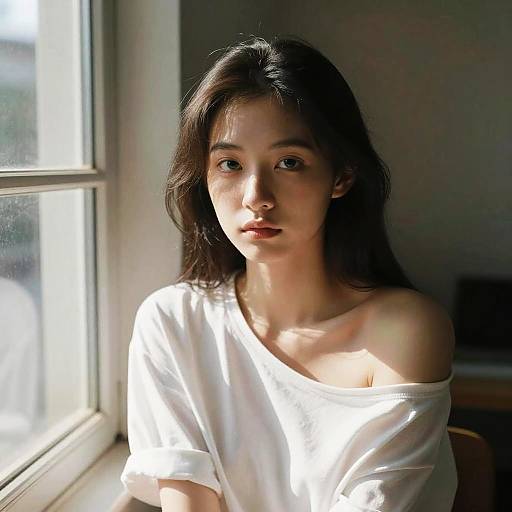 Photograph of a young Asian woman with long dark hair, wearing an off-shoulder white shirt, sitting by a sunlit window, with a