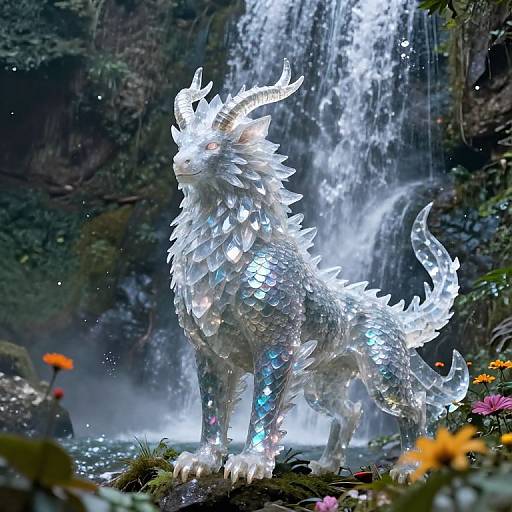 Digital artwork of a glowing, crystalline dragon with illuminated blue accents, standing under a cascading waterfall in a lush, mystical forest.