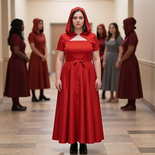 Photorealistic digital image of a woman in a red dress with hood, standing in a hallway with six other women in similar red dresses, blurred in