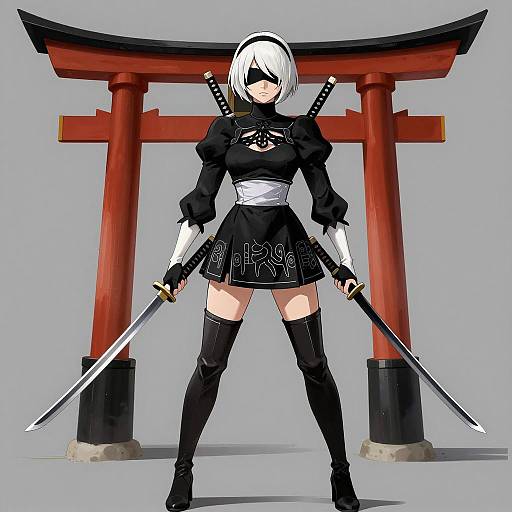 Anime Sword-Wielding Woman with Torii Gate