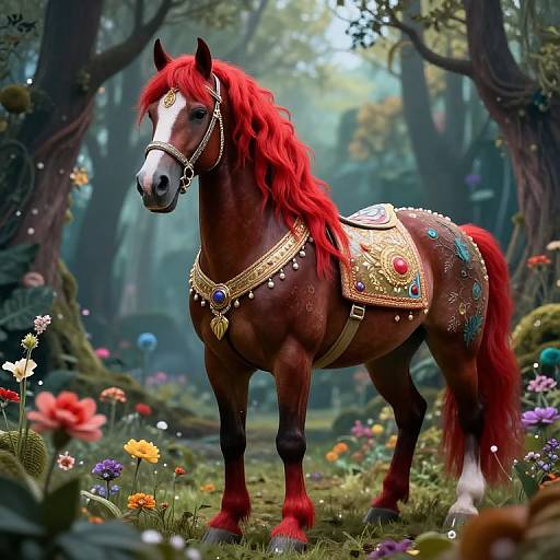 Photorealistic digital art of a majestic red-maned, brown horse adorned with gold and jewel-encrusted tack, standing in a vibrant,