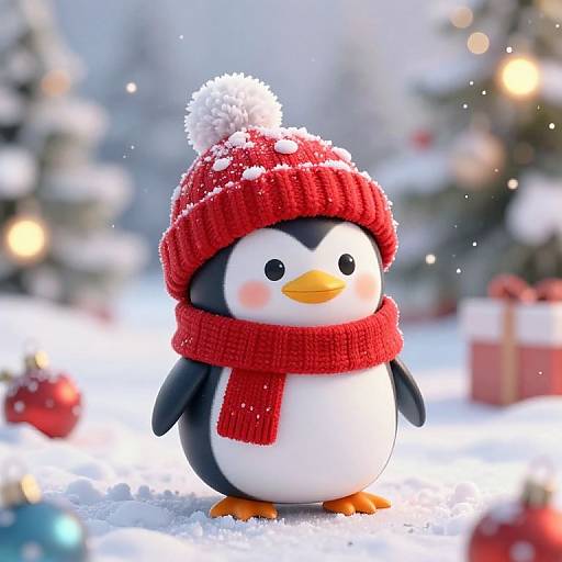 Cozy Cartoon Penguin in Winter Wonderland