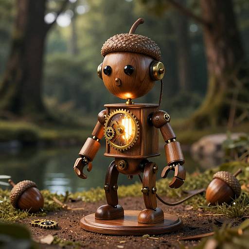 Photograph of a wooden robot with a glowing gear on its chest, wearing a acorn hat, standing in a forest by a pond.