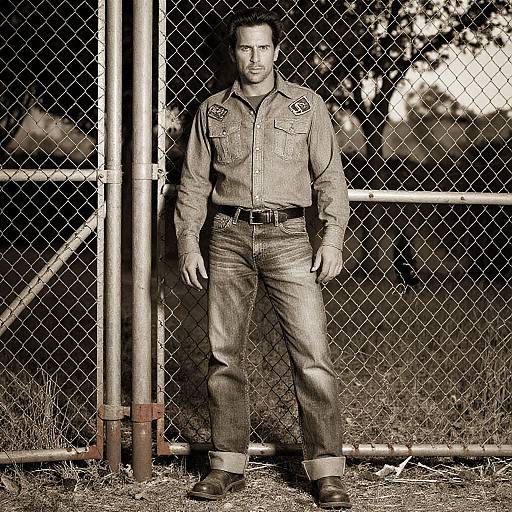 Sepia-toned photograph of a serious, handsome man in a sheriff's uniform, standing behind a chain-link fence, hands by his sides.