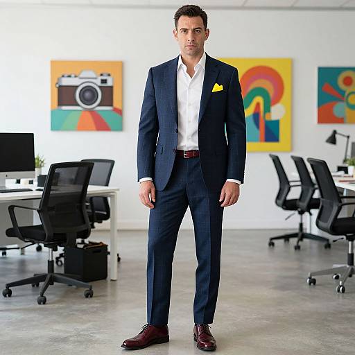 Confident Man in Navy Checkered Suit