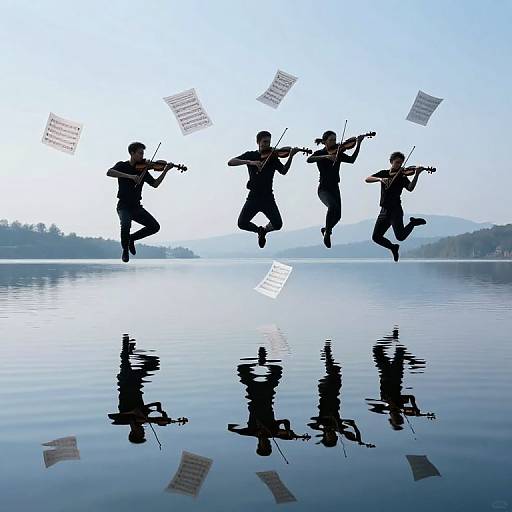 Silhouetted musicians in mid-jump, playing violins, with sheet music floating, reflected in calm lake water, under a clear blue sky