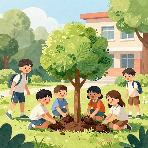 Schoolchildren Planting Trees in Schoolyard