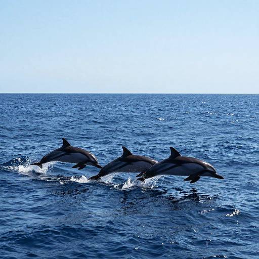 Photograph of three dolphins leaping out of the blue ocean, creating white splashes, against a clear, bright sky.
