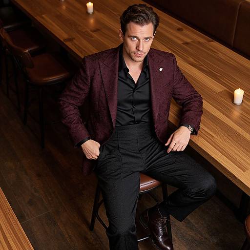 Photograph of a handsome man with short brown hair, wearing a dark purple blazer, black shirt, and pants, seated at a wooden table with