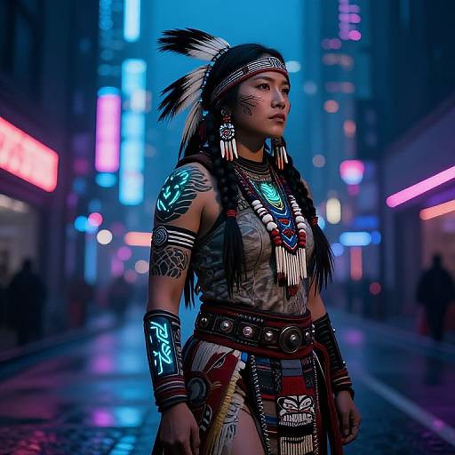 Digital art of a Native American woman in neon-lit city alley, wearing tribal attire, glowing tattoos, feather headpiece, and intricate jewelry.