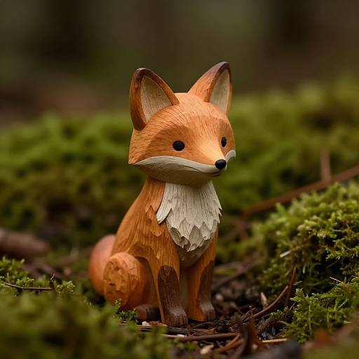Photograph of a detailed, painted wooden fox figurine with orange fur, white chest, and black eyes, sitting on mossy forest ground.