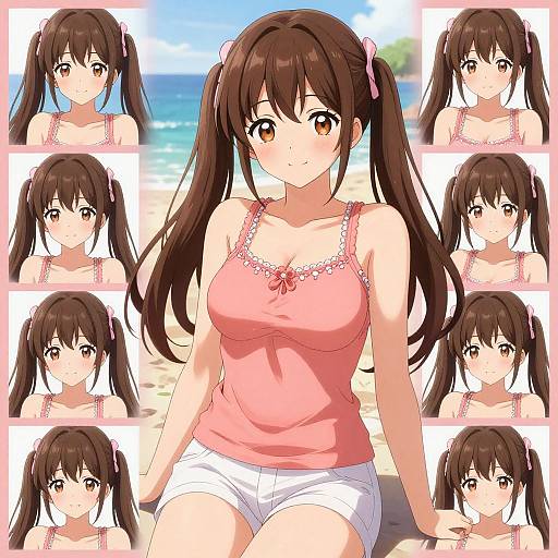 Anime-style digital drawing of a brown-haired girl with twintails in a pink tank top and white shorts, shown in various expressions on a beach background