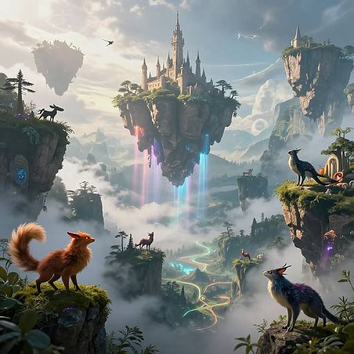 Fantasy CGI landscape of floating islands, illuminated by rainbow waterfalls, with red foxes, wolves, and a grand castle in the sky.