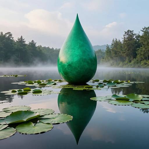 Photograph of a green, teardrop-shaped sculpture floating on a serene lake with lily pads, surrounded by misty trees.