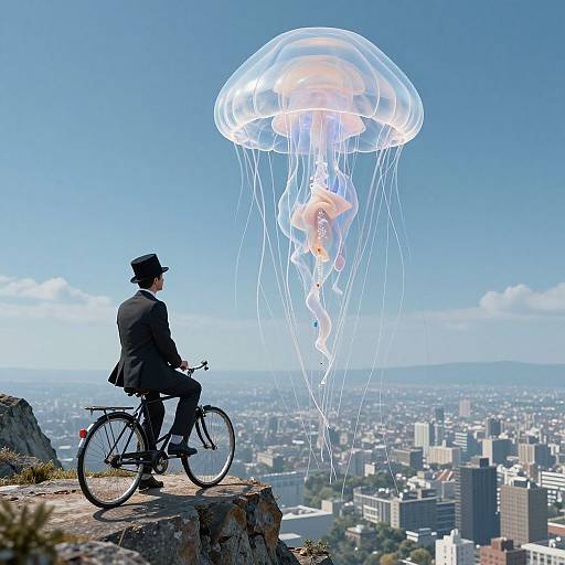 Man on Bike Gazing at Giant Jellyfish