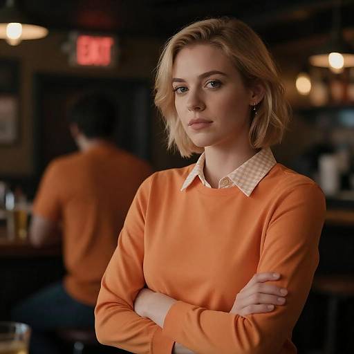 Blonde Woman in Orange Shirt at Bar