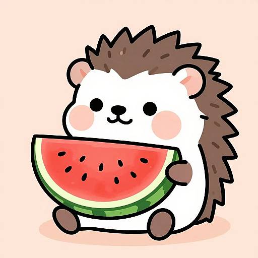 Cute digital drawing of a white and brown hedgehog with pink cheeks, holding a large slice of watermelon, smiling with black eyes.