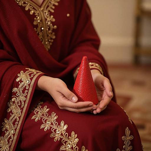 Woman in Red with Embroidered Detail
