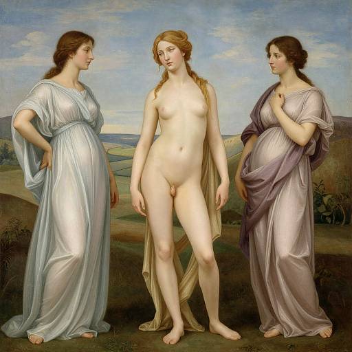 Classical painting of three women: two clothed in flowing gowns, one naked with pale skin and red hair, standing in a countryside landscape.