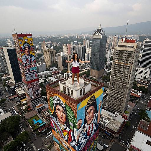 Photograph of a woman in a white top and red skirt standing on a colorful, mural-covered rooftop in a bustling urban cityscape with skyscrapers