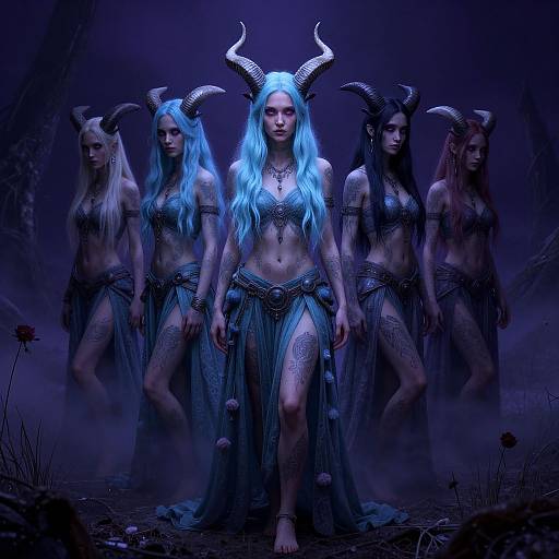Digital artwork of five blue-haired, horned, tattooed women in dark, flowing skirts and jewelry, standing in a mystical, blue-lit forest