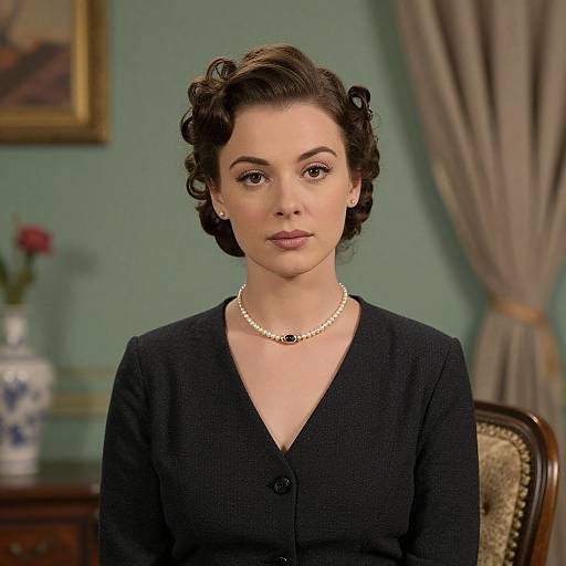 Photograph of a fair-skinned woman with short, wavy dark brown hair, wearing a black cardigan, pearl necklace, and earrings, seated