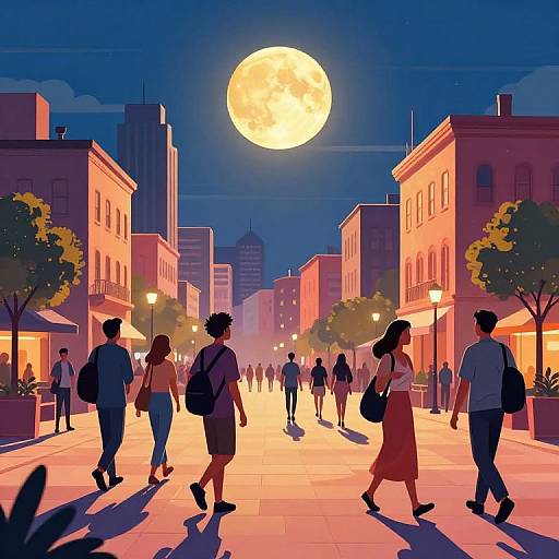 Digital illustration of a nighttime city street under a full moon, with silhouetted pedestrians walking past illuminated buildings and street lamps.
