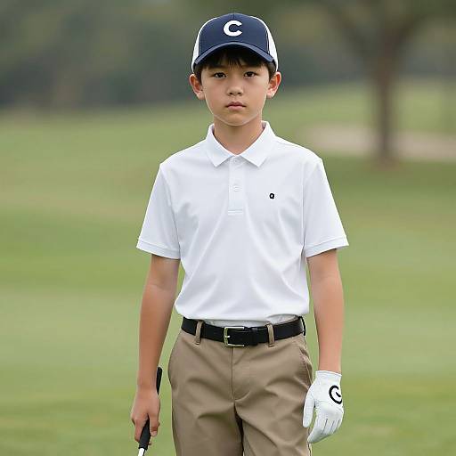 Photograph of young Asian boy in white polo, beige pants, black belt, navy cap with 