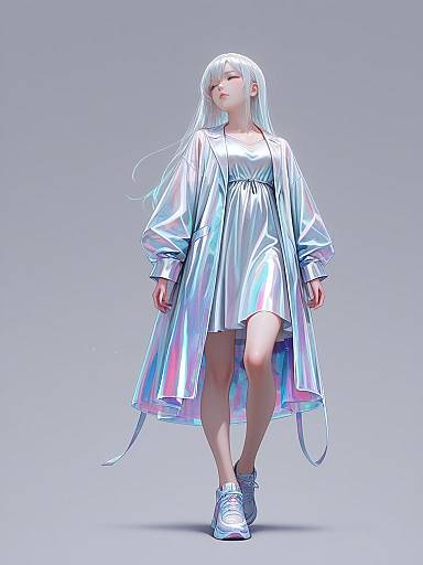 Woman in Holographic Sheer Coat and White Dress