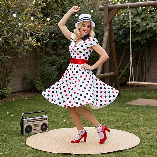 Photograph of a blonde woman in a white polka dot dress, red belt, red heels, and hat, dancing on straw mat, with vintage