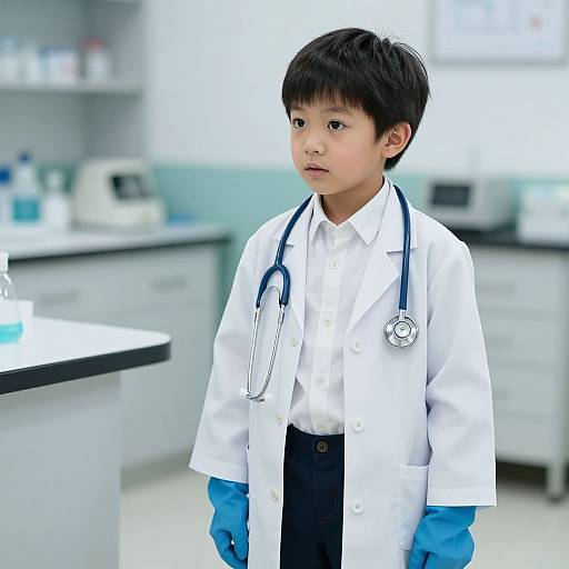 Photograph of an Asian boy in a white doctor's coat, black pants, blue gloves, and stethoscope, standing in a bright, modern