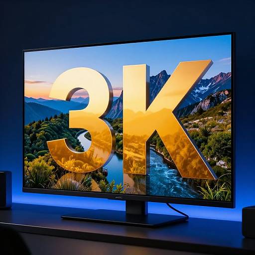 Photograph of a modern flatscreen TV displaying a vibrant mountain landscape with a blue sky, overlaid with large, reflective gold 