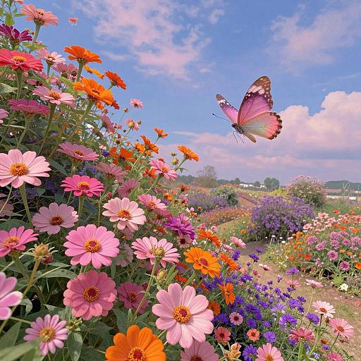 Vibrant photograph of a sunny garden with pink, orange, and purple flowers, and a pink and black butterfly hovering above.